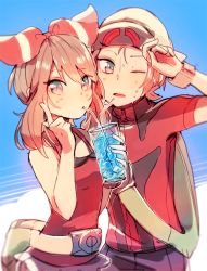 Rule 34 | 10s, 1boy, 1girl, alternate costume, armpits, backpack, bag, bandana, belt, bike shorts, blue eyes, breasts, brendan (pokemon), brendan (pokemon oras), brown hair, collarbone, couple, creatures (company), dated, drink, drinking, drinking straw, fanny pack, game freak, hair ribbon, happy, hat, hip focus, korean text, looking at viewer, may (pokemon), may (pokemon oras), nintendo, open mouth, pokemon, pokemon oras, pyayaya, ribbon, shirt, shiu (pika), simple background, sketch, sleeveless, sleeveless shirt, small breasts, smile, solo focus, sweat, teeth, tongue, wristband
