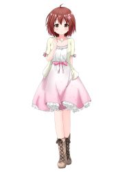 Rule 34 | 1girl, :&gt;, ahoge, arm behind back, arm up, bad id, bad pixiv id, blush, boots, breasts, brown eyes, brown footwear, brown hair, cardigan, cleavage, collarbone, commentary request, cross-laced footwear, dress, floral print, flower, full body, gradient dress, hair between eyes, hair flower, hair ornament, highres, jewelry, looking at viewer, necklace, ohana. (user jhpk8322), open cardigan, open clothes, original, petticoat, pink dress, pink sash, ribbon-trimmed sleeves, ribbon trim, sash, short hair, short sleeves, simple background, small breasts, smile, solo, standing, white background, white dress, yellow cardigan
