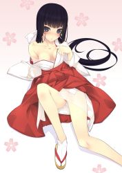 Rule 34 | 1girl, arm support, black hair, blue eyes, blush, breasts, collarbone, f-ism, highres, japanese clothes, long hair, looking at viewer, lying, miko, murakami suigun, no bra, no panties, off shoulder, pussy, sandals, see-through, socks, solo, tabi, thighs