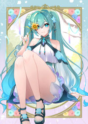 Rule 34 | 1girl, absurdres, aqua dress, aqua eyes, aqua hair, aqua nails, bare shoulders, blue flower, blue hair, breasts, closed mouth, commentary request, detached sleeves, dress, feet, floral print, flower, frilled dress, frills, full body, gradient hair, green footwear, hair flower, hair ornament, hand up, hatsune miku, highres, holding, holding flower, knees up, legs, long hair, looking at viewer, mamo (fortune-mm), medium breasts, multicolored hair, nail polish, sandals, smile, solo, thighs, toenail polish, toenails, toes, twintails, very long hair, vocaloid, yellow flower