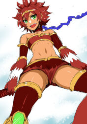 Rule 34 | 1girl, ass, bare shoulders, dark-skinned female, dark skin, eyebrows hidden by hair, from below, gluteal fold, green eyes, hair between eyes, holding, holding weapon, looking at viewer, mitsugi, open mouth, original, partially visible vulva, red hair, red thighhighs, short hair, shorts, smile, solo, stomach, sun wukong, tan, thighhighs, weapon