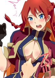 Rule 34 | 10s, 1girl, 1other, arm between breasts, between breasts, blue eyes, blush, braid, breasts, cleavage, cleavage cutout, clothing cutout, earrings, gloves, hara (harayutaka), highres, jewelry, long hair, looking down, medium breasts, multicolored hair, open mouth, re:creators, red hair, selesia upitiria, solo focus, surprised, sweatdrop, twin braids, two-tone hair