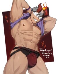 Rule 34 | 1boy, abs, bara, bare pectorals, biceps, blindfold, bulge, commission, dated, demon horns, facial scar, fangs, fire, grey hair, grin, highres, horns, jockstrap, male focus, male underwear, muscular, muscular male, nipples, original, pectorals, purple shirt, red background, rio mukiniki, scar, scar on cheek, scar on face, shirt, skindentation, smile, sparkle, two-tone background, underwear, white background