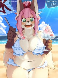 Rule 34 | 1girl, :3, animal ears, animal nose, artist name, beach, beach umbrella, belly, bikini, blue sky, blunt bangs, blush, body fur, borrowed character, bowl, breasts, bright pupils, brown fur, cherry, cleavage, cloud, cowboy shot, dated, day, dessert, english text, female focus, food, fox ears, fox girl, fox tail, frilled bikini, frills, fruit, furry, furry female, green eyes, hair ribbon, happy, highres, holding, holding bowl, holding food, holding spoon, incoming food, kame (3t), large breasts, light rays, looking at viewer, medium hair, multicolored fur, navel, ocean, open mouth, original, outdoors, pink hair, red ribbon, ribbon, sand, shaved ice, sidelocks, signature, skindentation, sky, smile, solo, spoon, stomach, straight-on, sunlight, swimsuit, tail, thick thighs, thighs, twitter username, umbrella, water, white bikini, white fur, white pupils, wide-eyed, yellow fur