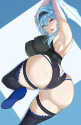 Rule 34 | 1girl, armpits, arms up, ass, ass focus, blue hair, breasts, eula (genshin impact), genshin impact, hair between eyes, hair ornament, highres, huge ass, huge breasts, large breasts, nipples, nipples visible through clothes, open mouth, purple eyes, shiny skin, skin tight, solo, sweat, sweatdrop, thick thighs, thighhighs, thighs, wet