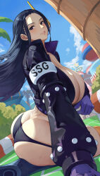 Rule 34 | 1girl, agoppdki, ass, black gloves, black hair, black jacket, black panties, blue eyes, breasts, butt crack, citrus (saburouta), cleavage, closed mouth, collarbone, egghead island, female focus, gloves, highres, huge breasts, instagram logo, jacket, large breasts, long hair, long sleeves, looking at viewer, navel, nico robin, nico robin (egghead), one piece, outdoors, panties, purple gloves, red background, revealing clothes, shiny skin, sidelocks, simple background, sitting, smile, solo, thighs, thong, underwear