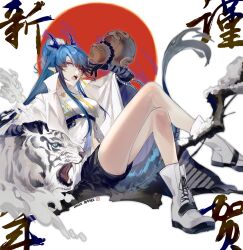 Rule 34 | 1girl, 664890551, absurdres, animal, arknights, blue eyes, blue hair, braid, chinese text, coat, earrings, elbow gloves, fangs, gloves, gourd, highres, horns, jewelry, ling (arknights), long hair, long sleeves, looking at viewer, navel, necktie, open clothes, open coat, open mouth, pointy ears, sharp teeth, shorts, sitting, solo, tail, teeth, tiger, very long hair, white coat, white footwear, white tiger, yellow necktie