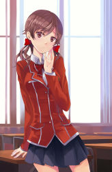 Rule 34 | 10s, 1girl, brown eyes, brown hair, guilty crown, hand on own cheek, hand on own face, hao (patinnko), highres, menjou hare, school uniform, solo