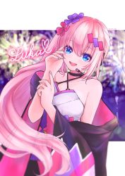 Rule 34 | 1girl, :d, black choker, blue eyes, border, bow, breasts, character name, choker, cleavage, collarbone, criss-cross halter, floating hair, hair between eyes, hair bow, halterneck, headphones, headset, highres, katorea, letterboxed, long hair, magical mirai luka, medium breasts, megurine luka, microphone, nail polish, open mouth, outside border, pink hair, pink nails, purple bow, red bow, side ponytail, smile, solo, very long hair, vocaloid, white border