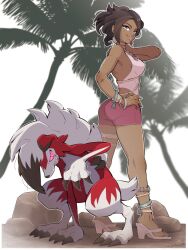 Rule 34 | 1girl, 34capri, ass, bandaged arm, bandages, bare shoulders, bead necklace, beads, black hair, blue nails, breasts, claws, closed mouth, commentary request, creatures (company), dark-skinned female, dark skin, full body, game freak, gen 7 pokemon, grin, high heels, highres, jewelry, looking at viewer, lycanroc, lycanroc (midnight), medium breasts, medium hair, multiple anklets, multiple bracelets, necklace, nintendo, olivia (pokemon), palm tree, pink eyes, pink lips, pink shorts, pokemon, pokemon (creature), pokemon sm, red fur, sharp teeth, short shorts, shorts, smile, standing, teeth, tree, two-tone fur, white fur