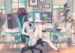 Rule 34 | 1girl, alternate costume, aqua eyes, aqua hair, black socks, bow, bowtie, bug, butterfly, cactus, chair, chibi, city, cloud, collaboration, computer, computer tower, drawing (object), dress, figure, flower, green eyes, green hair, hair between eyes, hatsune miku, headphones, headset, highres, indoors, insect, ixima, keyboard (computer), leg up, long hair, looking at viewer, monitor, mouse (computer), office chair, parted lips, plant, pleated skirt, potted plant, ribbon, sitting, skirt, socks, solo, speaker, suspender skirt, suspenders, swivel chair, twintails, very long hair, vocaloid, window, window blinds
