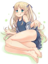 Rule 34 | 1girl, :q, absurdres, aqua eyes, ass, bare shoulders, barefoot, blonde hair, blush, clothes lift, artistic error, feet, flat chest, green eyes, hair ribbon, highres, legs, long hair, looking at viewer, lying, namaru (summer dandy), on side, one-piece swimsuit, original, ribbon, school swimsuit, school uniform, skirt, skirt lift, solo, swimsuit, swimsuit under clothes, toes, tongue, tongue out, twintails, wet, wet clothes, wrong foot