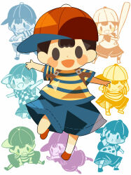 Rule 34 | 1boy, alternate color, backpack, bag, baseball bat, baseball cap, black hair, blue shorts, blush stickers, checkered clothes, checkered shirt, doseisan, full body, hat, hitofutarai, holding, holding baseball bat, jumping, looking at viewer, male focus, mother (game), mother 2, multiple views, ness (mother 2), nintendo, one eye closed, open mouth, outstretched arms, player 2, red footwear, red hat, shirt, short hair, shorts, sideways hat, solid oval eyes, solo, spread arms, super smash bros.