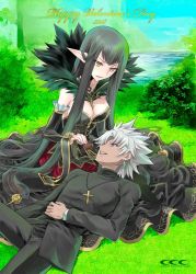 Rule 34 | 1boy, 1girl, 2018, amakusa shirou (fate), artist name, bare shoulders, black dress, black hair, breasts, candy, chocolate, chocolate heart, commentary request, couple, cross, cross necklace, dark skin, dark-skinned male, detached sleeves, dress, earrings, fate/apocrypha, fate/grand order, fate (series), feeding, food, fur collar, fur trim, heart, holding, holding candy, holding chocolate, holding food, jewelry, lap pillow, long hair, medium breasts, necklace, open mouth, pointy ears, semiramis (fate), shirotsumekusa, valentine, very long hair, white hair, yellow eyes