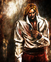 Rule 34 | 1boy, bccp, blonde hair, facial hair, highres, male focus, manly, mustache, open clothes, open shirt, rugal bernstein, shirt, snk, solo, the king of fighters