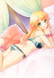 Rule 34 | 1girl, :d, absurdres, ahoge, aqua bra, aqua panties, arm support, ass, barefoot, blonde hair, blush, bra, breasts, butt crack, courreges ace, curtains, frilled bra, frilled panties, frilled pillow, frills, green eyes, head rest, highres, hoshii miki, idolmaster, idolmaster (classic), long hair, looking at viewer, looking back, lying, night, off shoulder, on stomach, open mouth, panties, pillow, scan, scrunchie, side-tie panties, smile, solo, strap slip, underwear, underwear only, window