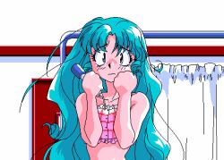 Rule 34 | 1girl, animahjong, animahjong x, animated, animated gif, aqua hair, blue eyes, breasts, covered erect nipples, crossed arms, earrings, hoshino kirara, hoshino kirara (animahjong), indoors, jewelry, long hair, looking at viewer, lowres, microphone, nipples, no bra, pc-98 (style), pc98, pixel art, small breasts, sogna, solo, topless, undressing