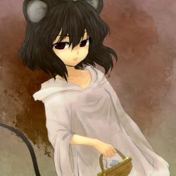Rule 34 | 1girl, alternate costume, alternate hair color, animal ears, bad id, bad pixiv id, basket, black hair, female focus, grey hair, mouse (animal), mouse ears, mouse tail, nazrin, red eyes, shimomoto, short hair, sketch, solo, tail, touhou