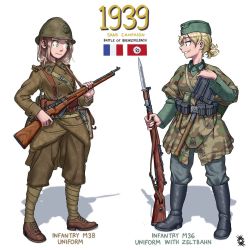 Rule 34 | 2girls, :d, bayonet, black footwear, blonde hair, blue eyes, bolt action, boots, brown footwear, brown hair, brown jacket, brown pants, camouflage, camouflage jacket, closed mouth, combat helmet, french army, french flag, full body, german army, green jacket, green pants, grin, gun, hat, helmet, holding, holding gun, holding weapon, jacket, looking at another, mauser 98, medium hair, military, military hat, military uniform, multiple girls, open mouth, original, ostwindprojekt, pants, pants tucked in, rifle, simple background, smile, standing, teeth, uniform, weapon, white background, world war ii, yellow eyes