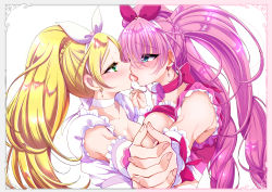 Rule 34 | 2girls, blonde hair, blue eyes, blush, breast press, breasts, choker, cure melody, cure rhythm, earrings, eye contact, green eyes, hair between eyes, hairband, heart, heart earrings, highres, holding hands, houjou hibiki, interlocked fingers, jewelry, large breasts, long hair, looking at another, magical girl, minamino kanade, multiple girls, noyuki1204, pink hair, ponytail, precure, red choker, red hairband, saliva, suite precure, symmetrical docking, tongue, tongue out, twintails, upper body, white background, white choker, white hairband, yuri