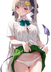 1girl absurdres alternate_costume azur_lane blush bow bowtie bra_visible_through_clothes button_gap classic_(zildjian33) closed_mouth clothes_lift commentary_request cowboy_shot demon_tail formidable_(azur_lane) green_bow green_bowtie green_skirt grey_hair hair_ornament highres lifting_own_clothes long_hair looking_at_viewer mixed-language_commentary navel paid_reward_available panties plaid_clothes plaid_skirt pleated_skirt red_eyes sainan_high_school_uniform school_uniform shirt short_sleeves simple_background skirt skirt_lift solo tail thighs to_love-ru twintails underwear very_long_hair white_background white_panties white_shirt