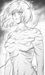 Rule 34 | 1girl, blush, bob cut, body fur, breasts, chimera, chinese commentary, confetti, dungeon meshi, eyelashes, falin touden, falin touden (chimera), floating hair, frown, greyscale, half-closed eyes, highres, itou63630291, large breasts, looking at viewer, monochrome, monster girl, nude, short hair, solo, spoilers, upper body