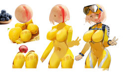 Rule 34 | 1girl, apple, blonde hair, blush, bodysuit, breasts, brown eyes, cameltoe, diving suit, food, fruit, goggles, goggles on head, han-0v0, highres, large breasts, lemon, long sleeves, looking at viewer, making-of, multicolored hair, open mouth, original, peach, photo bashing, red hair, short hair, simple background, smile, solo, streaked hair, swimsuit, two-tone hair, v, weibo watermark, wetsuit, white background, yellow bodysuit