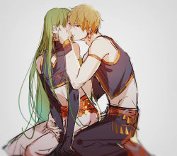 Rule 34 | armlet, bad id, bad pixiv id, blonde hair, earrings, elbow gloves, enkidu (fate), closed eyes, fate/grand order, fate/strange fake, fate (series), gilgamesh (fate), gloves, gold trim, green hair, grey background, hand on another&#039;s face, highres, imminent kiss, jewelry, leaning on person, long hair, looking at viewer, midriff, navel, official alternate costume, partially opened mouth, red eyes, rrr (reason), seiza, short hair, simple background, sitting, sketch, sleeveless, very long hair