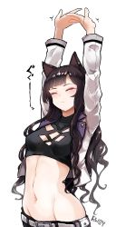 Rule 34 | 1girl, animal ears, belt, black hair, blake belladonna, blush, cat ears, closed eyes, closed mouth, coat, eyelashes, groin, highres, long hair, midriff, navel, nosuku, open clothes, open coat, rwby, solo, stomach, stretching