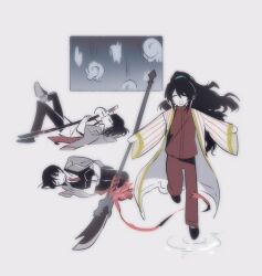 Rule 34 | 1girl, 2boys, black hair, black pants, black vest, blurry, chinese clothes, closed eyes, coat, facing viewer, fetal position, gapamopa, grey jacket, guan dao, half updo, highres, holding, holding weapon, hong lu (project moon), jacket, jacket on shoulders, katana, limbus company, long hair, long sleeves, lying, multiple boys, on back, open mouth, pants, polearm, project moon, red jacket, red pants, ryoshu (project moon), shirt, simple background, smile, sword, very long hair, vest, weapon, white background, white coat, white shirt, yi sang (project moon)
