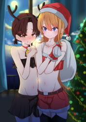 Rule 34 | 2boys, bag, bare shoulders, bell, belly, belt, bikini, black belt, black bikini, black skirt, black thighhighs, blonde hair, blue eyes, blush, brown hair, bulge, christmas, christmas tree, cloud, erection, erection under clothes, gloves, hair between eyes, hands up, hat, highres, holding, holding bag, indoors, long hair, looking at viewer, moon, multiple boys, navel, neck bell, night, night sky, nori (norinorirrr), original, red gloves, red shorts, santa bikini, santa costume, santa hat, short hair, short shorts, shorts, skirt, sky, smile, standing, swimsuit, thighhighs, trap, window, yellow eyes