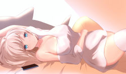 Rule 34 | 1girl, amano kusatsu, bed, blonde hair, blue eyes, breasts, cellphone, closed mouth, dress, hand on own stomach, long hair, looking at viewer, lying, medium breasts, nightgown, on back, on bed, original, phone, pillow, simple background, smartphone, smile, solo, thighhighs, white nightgown, white thighhighs