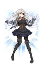 Rule 34 | 1girl, black footwear, black pantyhose, blue eyes, boots, breasts, clenched hands, corset, cuervo, eyepatch, frilled skirt, frills, full body, gauntlets, highres, jacket, jacket on shoulders, long hair, medium breasts, official art, pantyhose, princess principal, princess principal game of mission, scar, skirt, standing, thigh boots, thighhighs, transparent background, white hair