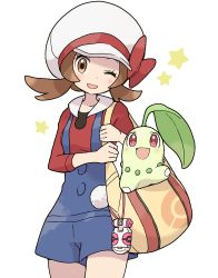 Rule 34 | 1girl, ;d, bag, blush, bow, breasts, brown eyes, brown hair, chikorita, cowboy shot, creatures (company), game freak, gen 2 pokemon, hat, hat bow, highres, long sleeves, looking at viewer, lyra (pokemon), nintendo, one eye closed, open mouth, overall shorts, overalls, poke ball symbol, pokemon, pokemon (creature), pokemon hgss, red bow, red skirt, shoulder bag, simple background, skirt, small breasts, smile, star (symbol), tadanoshi kabane, white background, white headwear