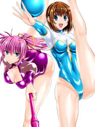 Rule 34 | 00s, 2girls, :d, alternate costume, ball, blue eyes, breasts, brown hair, cleavage, gymnastics, highleg, highres, leg up, leotard, looking at viewer, lyrical nanoha, mahou shoujo lyrical nanoha, mahou shoujo lyrical nanoha strikers, multiple girls, open mouth, outstretched arm, pink hair, ponytail, rhythmic gymnastics, sen (sansui), shiny clothes, shiny skin, signature, signum, simple background, smile, split, standing, standing on one leg, white background, yagami hayate