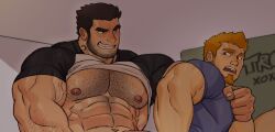 Rule 34 | 2boys, abs, arm around shoulder, bara, bare pectorals, beard stubble, black hair, clothes lift, couple, cropped, earrings, facial hair, fang, goatee, grin, hairy, highres, imatoart, imminent anal, imminent penetration, jewelry, large pectorals, lucas&#039;s ginger friend, lucas lee, male focus, multiple boys, muscular, muscular male, nipples, number tattoo, pectorals, raglan sleeves, scott pilgrim (series), scott pilgrim takes off, shirt, shirt lift, short hair, short sleeves, sideburns stubble, smile, spiked hair, strongman waist, stubble, t-shirt, tattoo, thick arm hair, thick chest hair, thick eyebrows, triceps, upper body, v-shaped eyebrows, veins, veiny arms, yaoi