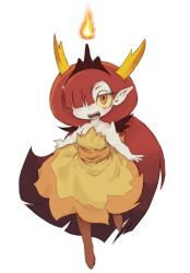Rule 34 | 1girl, :d, bare arms, bare shoulders, blunt bangs, brown footwear, colored sclera, demon girl, demon horns, dress, eyebrows, eyelashes, fangs, fire, full body, hair over one eye, half-closed eyes, hekapoo, high heels, highres, horns, kolshica, legs apart, long hair, open mouth, orange eyes, pointy ears, red hair, sash, simple background, smile, solo, star vs the forces of evil, strapless, strapless dress, teeth, thick arms, tiara, very long hair, white background, yellow dress, yellow sclera