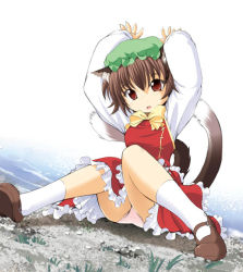 Rule 34 | 1girl, animal ears, bow, bowtie, brown eyes, brown hair, cat ears, cat girl, cat tail, chen, child, female focus, grass, hat, mary janes, multiple tails, nature, outdoors, panties, pantyshot, pink panties, ribbon, seminoyu, shoes, sitting, skirt, sky, solo, tail, touhou, underwear, upskirt, water