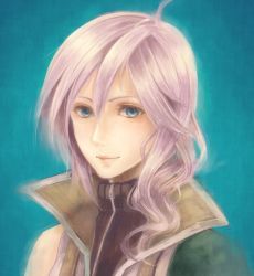Rule 34 | 10s, 1girl, ahoge, asymmetrical clothes, bad id, bad pixiv id, bare shoulders, blue background, blue eyes, close-up, closed mouth, final fantasy, final fantasy xiii, hair between eyes, lightning farron, lips, long hair, looking at viewer, nanase shie, pink hair, portrait, simple background, smile, solo, upper body, zipper