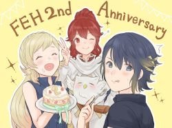 Rule 34 | 1boy, 2girls, :q, alfonse (fire emblem), anna (fire emblem), anniversary, bird, blonde hair, blue eyes, blue hair, braid, brother and sister, cake, closed mouth, crown braid, closed eyes, feh (fire emblem heroes), fire emblem, fire emblem awakening, fire emblem heroes, food, food on face, fork, gradient hair, hair ornament, holding, holding fork, holding plate, long hair, multicolored hair, multiple girls, nintendo, one eye closed, open mouth, owl, pink hair, plate, ponytail, red eyes, red hair, sharena (fire emblem), shimizu akina, short hair, siblings, simple background, sleeveless, smile, tongue, tongue out, v, yellow background
