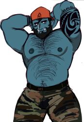 Rule 34 | 1boy, absurdres, arm tattoo, arms behind head, backwards hat, bara, baseball cap, beard, belly, blue skin, camouflage, camouflage pants, chest hair, clay (lancelotsteele), colored skin, facial hair, feet out of frame, hairy, hat, highres, large pectorals, looking to the side, male focus, mature male, monster boy, muscular, muscular male, navel hair, nipples, orc, original, pants, pectorals, ruslorc, short hair, solo, standing, stomach, tattoo, thick eyebrows, thick thighs, thighs, topless male, tusks