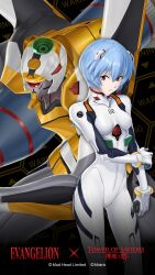 1girl ayanami_rei blue_hair bodysuit breasts copyright_name eva_00 highres logo long_hair looking_at_viewer mecha_pilot_suit neon_genesis_evangelion official_art plugsuit_(evangelion) red_bodysuit red_eyes red_theme shiny_clothes shiny_skin short_hair solo standing tower_of_saviors wide_hips