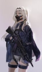 Rule 34 | 1girl, an-94, an-94 (girls&#039; frontline), assault rifle, black gloves, blue eyes, girls&#039; frontline, gloves, glowing, glowing eyes, grey background, grey hair, gun, had (had314), highres, holding, holding gun, holding weapon, jacket, long hair, long sleeves, mask, rifle, simple background, solo, tactical clothes, twitter username, weapon