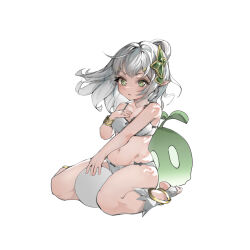 Rule 34 | 1girl, admin 93, ball, bikini, black bow, blush, bow, bow bikini, child, collarbone, eyebrows, eyelashes, female focus, foot out of frame, genshin impact, green eyes, grey hair, hair ornament, hand on own chest, highres, long hair, looking at viewer, nahida (genshin impact), navel, parted lips, ponytail, simple background, sitting, socks, solo, star-shaped pupils, star (symbol), swimsuit, symbol-shaped pupils, toenails, wariza, white background, white bikini, white socks