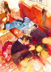 Rule 34 | 2boys, amanemio2, black hair, closed mouth, couch, earrings, ensemble stars!, itsuki shu, jewelry, kagehira mika, leaning on object, lying, male focus, multiple boys, on couch, parted lips, pink hair, short bangs, short hair, sleeping, sleeping upright