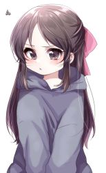 Rule 34 | 1girl, blush, bow, brown eyes, brown hair, character request, commentary request, grey hoodie, hair bow, hood, hood down, hoodie, idolmaster, long hair, looking away, looking to the side, parted bangs, parted lips, pink bow, simple background, solo, squiggle, upper body, very long hair, white background, yumeno (rubbercup)