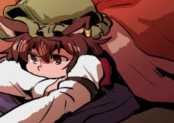 Rule 34 | 1girl, brown eyes, brown hair, chen, commentary request, covered mouth, earclip, futon, gagamatsu, green hat, hair between eyes, hat, long sleeves, looking ahead, lying, mob cap, on bed, on stomach, one-hour drawing challenge, short hair, solo, touhou, under covers