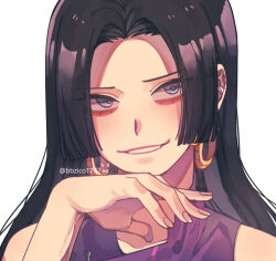 Rule 34 | 1girl, artist name, bare shoulders, bbzico1267, black hair, boa hancock, commentary request, earrings, jewelry, long hair, one piece, signature, simple background, smile, snake earrings, solo, teeth, white background