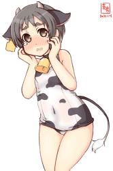 Rule 34 | 1girl, alternate costume, animal ears, animal print, artist logo, bell, black hair, blush, brown eyes, collar, commentary request, covered navel, cow ears, cow horns, cow print, cow tail, cowbell, cowboy shot, dated, ear tag, embarrassed, hands on own face, highres, horns, kanon (kurogane knights), kantai collection, looking at viewer, maru-yu (kancolle), neck bell, open mouth, school swimsuit, short hair, simple background, solo, standing, swimsuit, tail, tears, thighs, white background