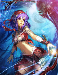 Rule 34 | 1girl, armor, bandana, belt, blue background, contrapposto, cowboy shot, crop top, cropped jacket, earrings, emperors saga, fingernails, highres, holding, hoop earrings, jacket, jewelry, liduke, lips, official art, open clothes, open jacket, parted lips, pouch, purple hair, red eyes, red jacket, red skirt, scale armor, short hair, skirt, solo, standing, thighhighs, watermark, wristband